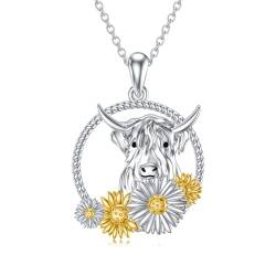 PROESS Highland Cow Halskette 925 Sterling Silber Sonnenblumen Highland Cow Anhänger Halskette Schottischer Schmuck Tierliebhaber Geschenke für Mädchen Frauen von PROESS