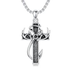 PROESS Kreuz Kette für Herren Hirschgeweih Halskette Angelhaken Halskette 925er Sterlingsilber Angelkreuz Anhänger Kreuzschmuck Geschenke für Männer von PROESS