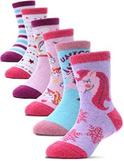 Kinder Mädchen Jungen Socken Warme Wolle Wandersocken Sportsocken Wollsocken Dicke Thermosocken Wintersocken Weihnachtssocken Geschenke Kindersocken 6 Paare(Rosa Einhorn,1-3 Years) von PROETRADE