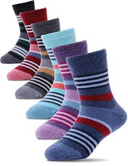 PROETRADE Kinder Mädchen Jungen Socken Warme Wolle Wandersocken Sportsocken Wollsocken Dicke Thermosocken Wintersocken Weihnachtssocken Geschenke Kindersocken 6 Paare(Dünne Streifen,4-7 Years) von PROETRADE