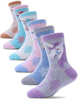 PROETRADE Kinder Mädchen Jungen Socken Warme Wolle Wandersocken Sportsocken Wollsocken Dicke Thermosocken Wintersocken Weihnachtssocken Geschenke Kindersocken 6 Paare(Einhorn,1-3 Years) von PROETRADE