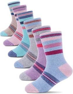 PROETRADE Kinder Mädchen Jungen Socken Warme Wolle Wandersocken Sportsocken Wollsocken Dicke Thermosocken Wintersocken Weihnachtssocken Geschenke Kindersocken 6 Paare(Kleine Streifen,4-7 Years) von PROETRADE