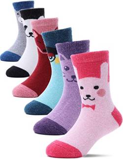 PROETRADE Kinder Mädchen Jungen Socken Warme Wolle Wandersocken Sportsocken Wollsocken Dicke Thermosocken Wintersocken Weihnachtssocken Geschenke Kindersocken 6 Paare(Tier Mischen,1-3 Years) von PROETRADE