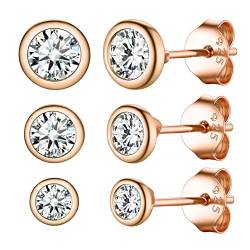 PROSILVER 3er klein Solitär Zirkonia Ohrstecker Set für Damen Mädchen 925 Silber Rosegold vergoldet Zargenfassung Ohr Piercing 3mm/4mm/5mm Ear Studs Unisex Schmuck Accessoire von PROSILVER