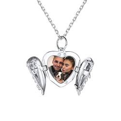 PROSILVER Charms Medaillon Kette für Foto Bilder 925 Silber personalisiert Herz Flügel Anhänger zum Öffnen mit 46+5cm Rolokette Damen Amulett Schmuck für Geburtstag Valentinstag von PROSILVER