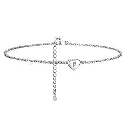 PROSILVER Damen Buchstabe P Knöchel Armband 925 Silber Rolokette 22+5cm mit Herz Charms schlichte Strand Initiale Fußkette für Frauen Mädchen Sommerstrand Schmuck Accessoire von PROSILVER