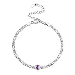 PROSILVER Damen Geburtsstein Armkette Februar 925 Silber 3mm breit dünne Figarokette Armband mit Zirkonia 16+5cm Gliederarmband Handgelenk Kette Armschmuck Accessoire von PROSILVER