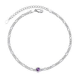 PROSILVER Damen Geburtsstein Fußkette Februar 925 Silber Figarokette Fußkettchen mit Zirkonia 22+5cm Knöchelarmband Fuß Schmuck Accessoire für Sommer Strand Urlaub von PROSILVER