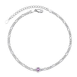 PROSILVER Silber 925 Figarokette Fußkettchen mit Geburtssstein Juni 22+5cm/3mm verstellbare Fußkette Damen Knöchelarmband Sommer Strand Fuß Schmuck Accessoire von PROSILVER