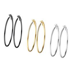 PROSTEEL 3er Ohrringe Set 50mm Damen Creolen Huggie Kreolen Ohrringe Edelstahl Hoop Klappcreolen Ohr Piercing Gold Schwarz Silber 3 Farbe Set von PROSTEEL