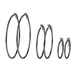 PROSTEEL 3er Ohrringe Set für Damen Edelstahl Creolen Huggie Kreolen Ohrringe Hoop Klappcreolen Ohrschmuck 30mm 50mm 70mm 3 Größe Set, schwarz von PROSTEEL