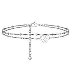 PROSTEEL Damen Buchstabe C Knöchel Armband Edelstahl 22+5cm doppellagige Fußkettchen mit Herz Charms Initiale Fußkette für Frauen Mädchen Sommerstrand Schmuck Accessoire von PROSTEEL