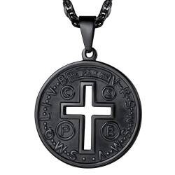 PROSTEEL Herren Benediktuskreuz Amulett Kette schwarz Edelstahl hohle Kreuz Medaille Anhänger 55+5cm/3mm verstellbare Singapurkette religiöser Modeschmuck von PROSTEEL