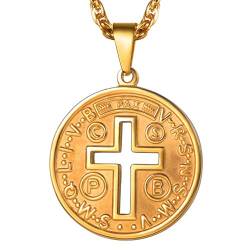 PROSTEEL Religiöse Kette für Männer 18k vergoldet hohle Kreuz Medaille mit 55+5cm/3mm Singapurkette Herren Benediktuskreuz Amulett Anhänger Halskette von PROSTEEL