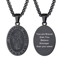 PROSTEEL St. Christopher Anhänger Halskette schwarz Motiv Heiliger Christophorus Schutzpatron personalisiert Oval Medaille Amulett Modeschmuck für Reisenden Fahrer Weihnachten Geburtstag von PROSTEEL