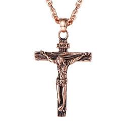 PROSTEEL Unisex Edelstahl Anhänger mit Halskette, Vintage Kruzifix Kreuz Jesus Christus Kettenanhänger mit 60cm Singapurkette, Rosegold von PROSTEEL