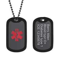 PROSTEEL personalisiert Erkennungsmarke mit Medical Alert Symbol schwarz Edelstahl Ice Notfall SOS Herren Dog Tag mit Kugelkette 60cm/2mm Name Texte Gravur Geschenk Accessoire für Allergen Diabetes von PROSTEEL