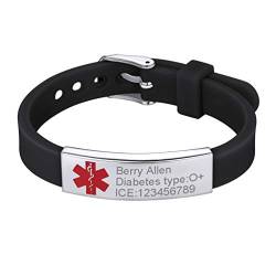 PROSTEEL personalisiert ID Armband verstellbar schwarz Silikon Edelstahl Ice SOS Notfall Armband Medical Alert ID Armband Name Texte Gravur Geschenk für Männer Frauen Kinder von PROSTEEL