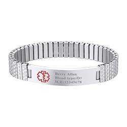 PROSTEEL personalisiert Medical Alert ID Armband verstellbar Manschette Armband Edelstahl 21cm/12mm Stretcharmband SOS Notfall Gravur Schmuck Geburtstag Geschenk für Männer Frauen(Silber) von PROSTEEL