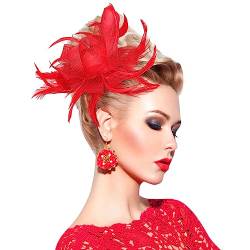 PROUSKY Rote Rose Blume Haarspange, Feder Fascinator Haarband für Frauen Mädchen, Floral Fascinator Blume Haarbrosche für Braut Brautjungfer Mädchen, Vintage Rose Rot Haarschmuck für Hochzeit von PROUSKY