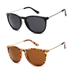 PSOWQ 2 Stück Sonnenbrille Damen Polarisiert Retro Runde Vintage Designer Stil UV400 Schutz - schwarzer/Leopardenmuster von PSOWQ