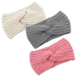 PSOWQ 3 Stück Stirnband Kinder Mädchen, Stirnbänder Strick, Stirnband Damen Winter Strick, Haarband Ohrenwärmer Elastische, Herbst Und Winter Vielseitig Stirnband Damen (Beige + Grau + Rosa) von PSOWQ