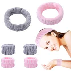 PSOWQ 6 Stück Spa Gesicht Stirnband Handgelenk Elastisch Makeup Haarband Schweissband zum Schminken Waschbänder Set Gesicht Wasch Armbänder und Waschen Gesicht Frauen Spa Yoga Dusche - Rosa+Grau von PSOWQ