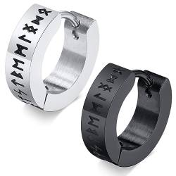 PSOWQ Hoop Ohrring Herren Nordischer Wikinger - Amulett Schutz Schmuck Geschenke Edelstahl Herren Ohrstecker mit Nordic Elder Futhark Runen, 1 Paar - Schwarz+Silber von PSOWQ