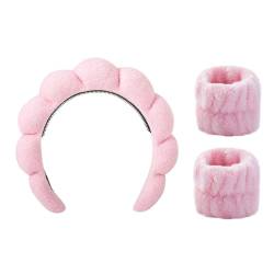 Stirnband Handgelenk Waschband Set, Spa Gesicht Haarband Handgelenk, Handgelenk Spa Waschband, Schwamm- und Frottee Stoff Stirnband(rosa, 1 Stirnbänder, 2 Armbänder, Flanell und Korallenvlies) von PSOWQ