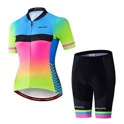 Damen-Fahrradtrikot-Set, kurzärmelig + 5D-gepolsterte Fahrradhose, schnelltrocknend, reflektierend, 3 Taschen, S-3XL, Jp2018, 38 von PSPORT