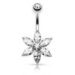 PSUM Unisex Bauchnabelpiercing Blume Edelstahl Messing Zirkonia Klar 1.6mm x 10mm HBJ-NZ0016-C von PSUM