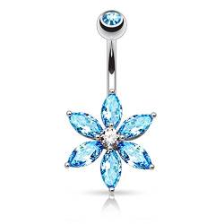 PSUM Unisex Bauchnabelpiercing Blume Edelstahl Messing Zirkonia Klar Aqua 1.6mm x 10mm HBJ-NZ0016-QC von PSUM