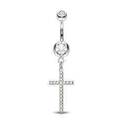 PSUM Unisex Bauchnabelpiercing Kreuz 316L Edelstahl Rhodiniert Zirkonia 1.6mm x 10mm HBJ-NSJ025-C von PSUM