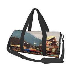 Meereslandschaft Malerei Showing Old Fishing Village Sport Gym Tasche mit Schuhfach Wasserdicht Reise Duffel Tasche für Männer Frauen Mit verstellbarem Riemen, Schwarz, Einheitsgröße von PSVOD