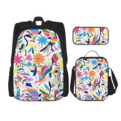 Mexikanische Otomi Tiere Rucksack Set Dreiteilige Tasche Rucksack Crossbody Lunchtasche Bleistift Bag Set Jungen und Mädchen Schultaschen, Schwarz, Einheitsgröße, Rucksack, Umhängetasche, Reisen von PSVOD