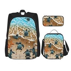 Turtles On The Beach Rucksack Set Dreiteilige Tasche Rucksack Crossbody Lunchtasche Bleistift Tasche Set Jungen und Mädchen Schultaschen, Schwarz, Einheitsgröße, Rucksack, Umhängetasche, Reisen von PSVOD