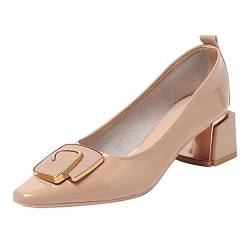 Damen Pumps Absatz Schuhe Damen Elegant Pumps Mit Blockabsatz Damen Schuhe Klassische Vintage Chunkyrayan Lack High Heels,Khaki,37EU von PTKG