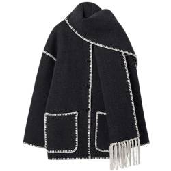 PTKG Winter Lose Woll Stickerei Jacke for Frau Dame Outwear Grau Jacke Quaste Schal Kragen Einreiher Mäntel,Black and white,XL von PTKG