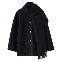 PTKG Winter Lose Woll Stickerei Jacke for Frau Dame Outwear Grau Jacke Quaste Schal Kragen Einreiher Mäntel,Schwarz,L von PTKG