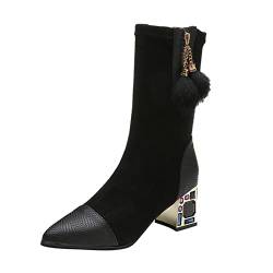 Schuhe Damen Absatz 33 britische Mode schlanke Dicke Ferse Spitze High Heel elastische Sockenstiefel Damen Mit Absatz Gefüttert (Black, 39) von PTLLEND