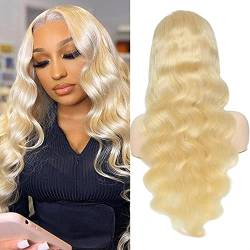 Haarteile Blonde 613 Körperwelle Synthetische Spitzeperücken for Frauen Vorgezupfter Haaransatz mit Babyhaar Lange lockige hitzebeständige Faser T-Teil Lace Front Perücken Perücken (Size : 13X1 T Par von PTTRNS