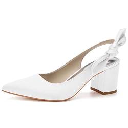 Frauen Brautschuhe Mit Blockabsatz 6Cm Spitz Zehen Satin Slingback Hochzeitsschuhe,Weiß,40 EU von PUFYA