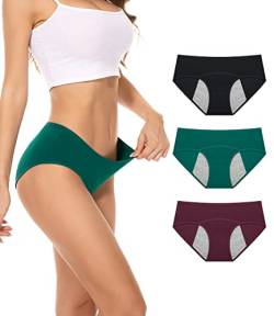 PULIOU Perioden Unterwäsche Damen Baumwolle Menstruation Unterhosen Slips Postpartum Panties Damen Hipsters 3er Pack, Schwarz Grün Rot XXL von PULIOU