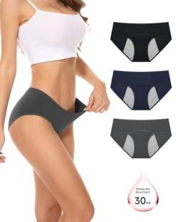 PULIOU Perioden Unterwäsche Damen Baumwolle Menstruation Unterhosen Slips Postpartum Panties Damen Hipsters 80er Pack, Schwarz Blau Grau XXL von PULIOU