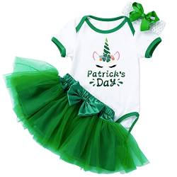 Baby Jungen Mädchen St. Patrick's Day Outfit Grüne Kleeblätter Strampler + Tutu Spitze Rock + Stirnband 3-teiliges Set 0-24 Monate, Einhorn, 6-12 Monate von PUPYGIYUC
