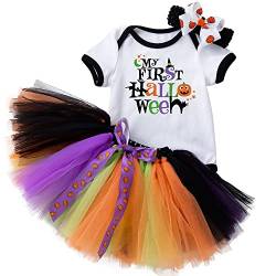 PUPYGIYUC Baby Girl Halloween Kostüme My 1st Halloween Outfits 3-teiliges Set Kurzarm-Strampler + Spitzenrock + Stirnband 6-12 Monate von PUPYGIYUC
