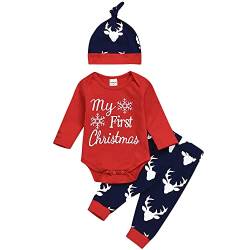 PUPYGIYUC Baby Jungen Weihnachten Outfits Kleinkind Meine 1st Weihnachten Red Strampler+ Elch Hosen Für Hut 3 Pcs Kleidung Sets 9-18 Monate von PUPYGIYUC