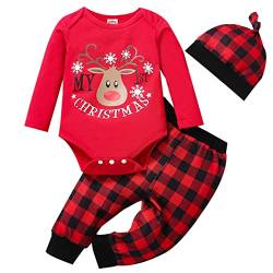PUPYGIYUC Baby Jungen Weihnachten Outfits Kleinkind Weihnachten Deer Strampler+ Red Plaid Hosen für Hut 3 Pcs Kleidung Sets 3-6 Monate von PUPYGIYUC