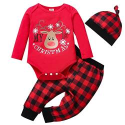 PUPYGIYUC Baby Jungen Weihnachten Outfits Kleinkind Weihnachten Deer Strampler+ Red Plaid Hosen für Hut 3 Pcs Kleidung Sets 6-9 Monate von PUPYGIYUC