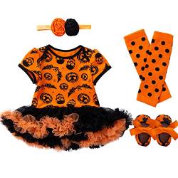 PUPYGIYUC Baby Mädchen Halloween Kostüme Baby Fledermaus Strampler 4-teiliges Set Tutu Spitzenrock + Stirnband + Schuhe + Beinwärmer 6-9 Monate von PUPYGIYUC